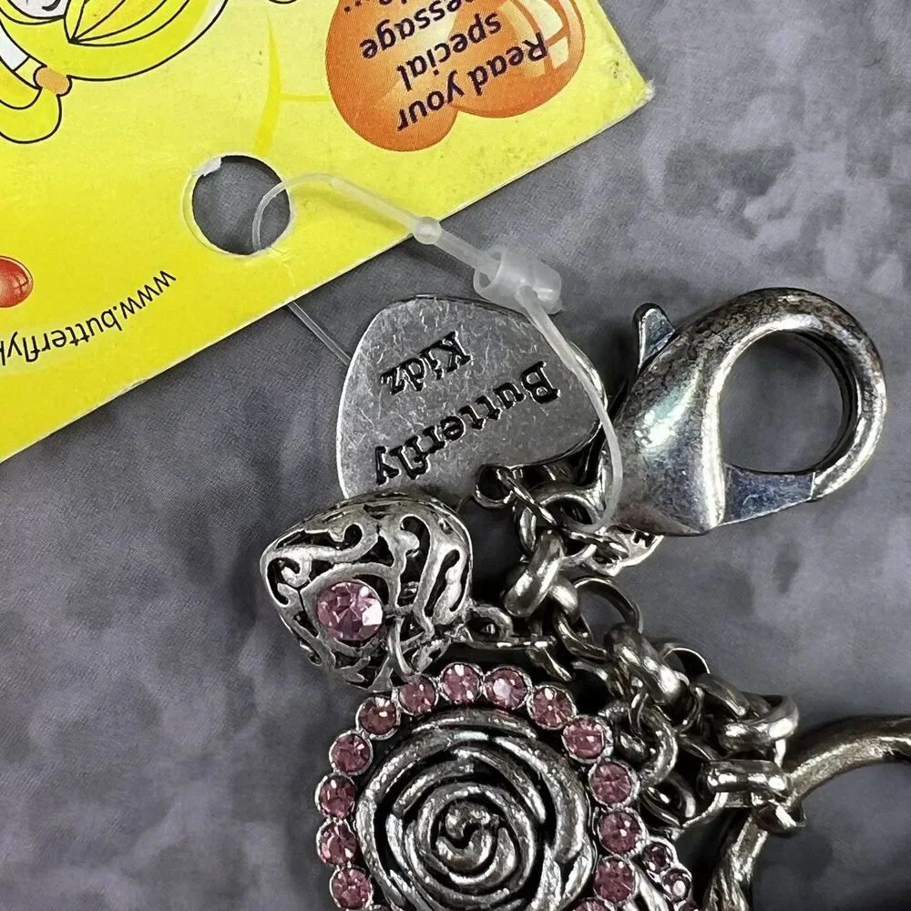 Vintage Silver Tone Heart & Rose Charm Keychain Bling Purse Charm Keyring NEW